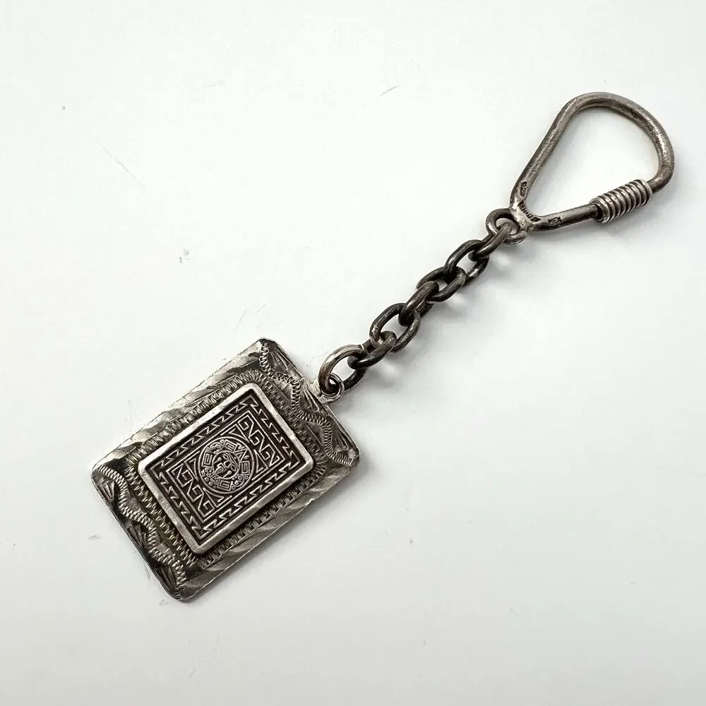 Vtg Sterling Silver 925 Mexico Rectangle Mayan Calendar Aztec Face Keychain